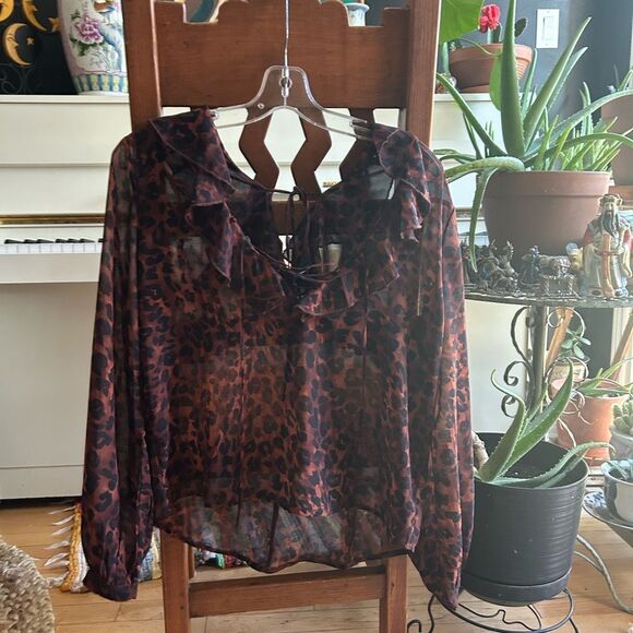 Amisu Brown and Black Sheer Ruffled Tie Front Blouse XS - Picture 1 of 15